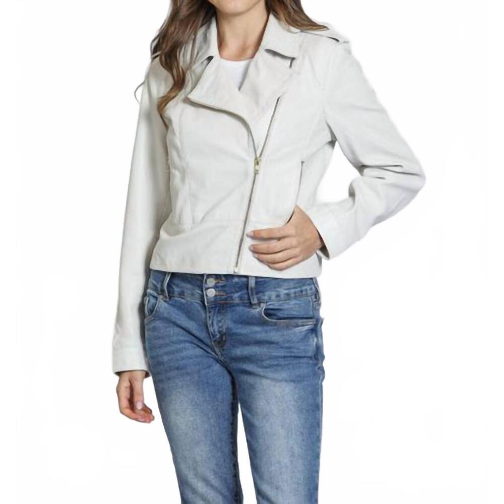 NEW 11 UPTOWN cropped washed and waxed leather jacket in white